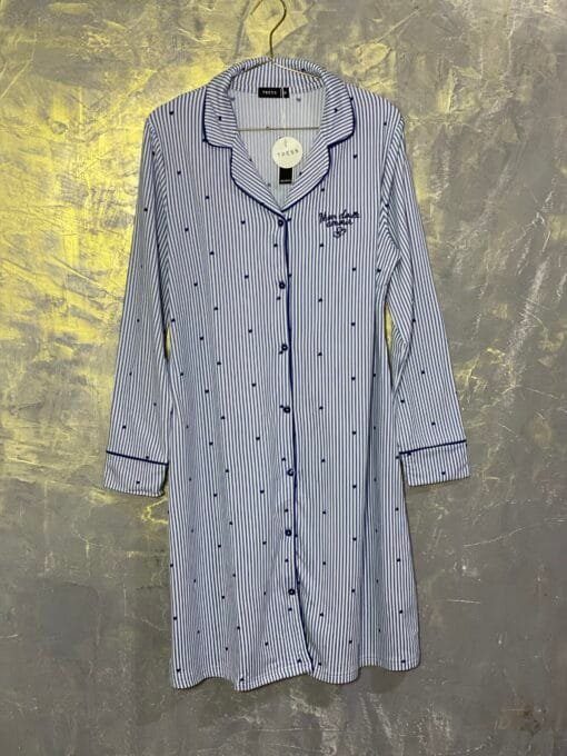 Chemise de nuit boutonnée « Bleu » à rayures cœur