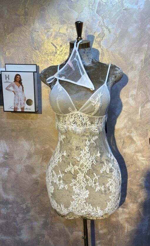 Ensemble Nuisette Peignoir H " Blanc " En dentelle – Image 3