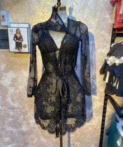 Ensemble Nuisette Peignoir H " Noir " En dentelle