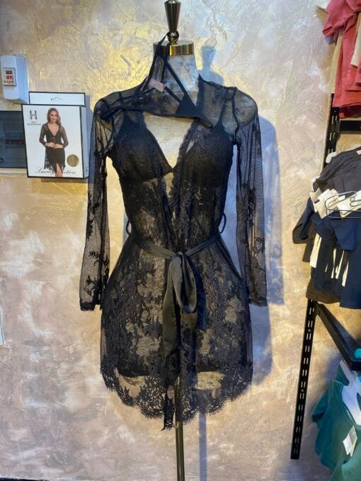 Ensemble Nuisette Peignoir H " Noir  " En dentelle