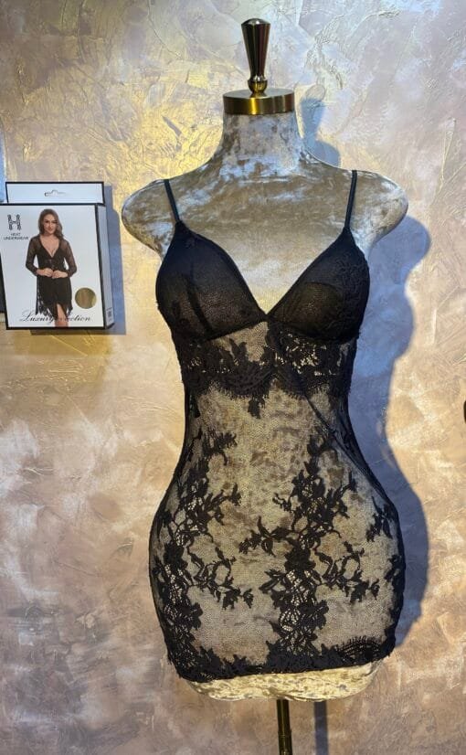 Ensemble Nuisette Peignoir H " Noir  " En dentelle – Image 3
