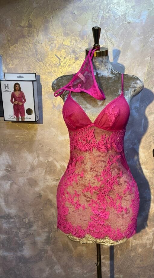 Ensemble Nuisette Peignoir H " Fushia " En dentelle – Image 3