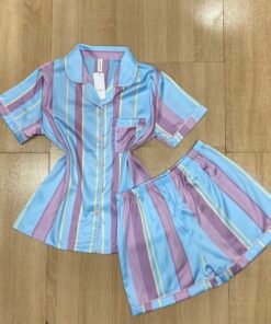 Pyjama Short ' Bleu rayure mauve ' Boutonnée