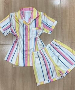 Pyjama Short ' Blanc rayure jaune ' Boutonnée