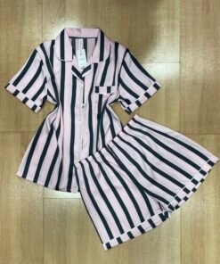 Pyjama Short Boutonnée ' Rose Rayure Noir '