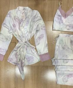 Pyjama 3 Pièces en satin ' Mauve a fleurs '