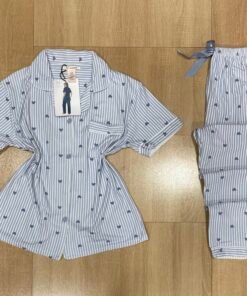 Pyjama Boutonnée ' Bleu rayure cœur ' Demi-manche