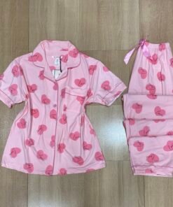 Pyjama Boutonnée ‘ Rose cœur love ‘ demi manche