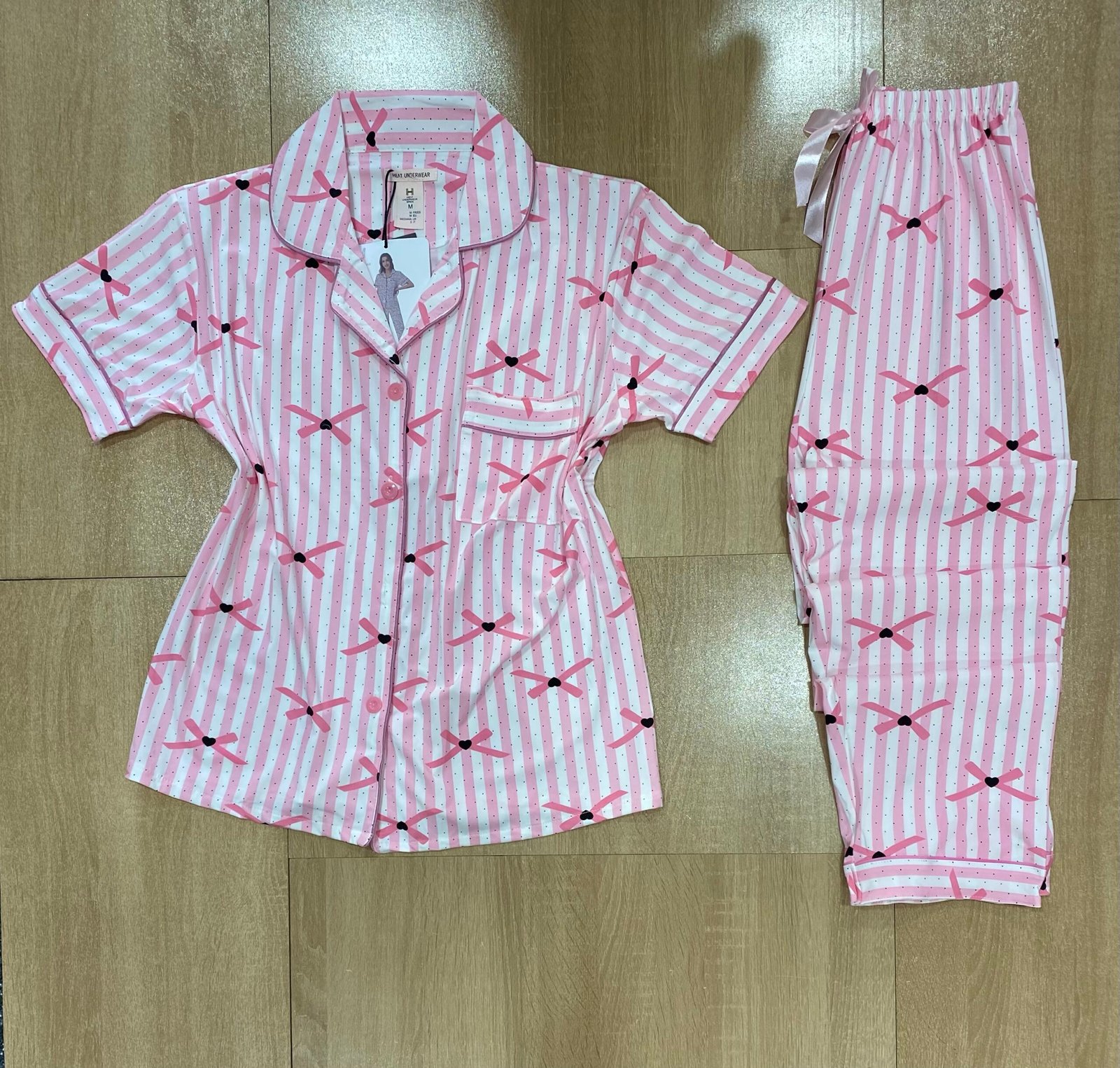 Pyjama Demi manche ' A Rayure Rose Nœud '