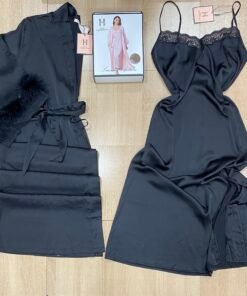 Nuisette Peignoir En Satin Long ‘  Noir ‘
