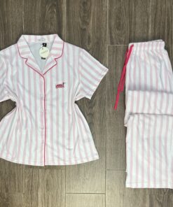 Pyjama Boutonnée " Rose a rayure " En Cotton