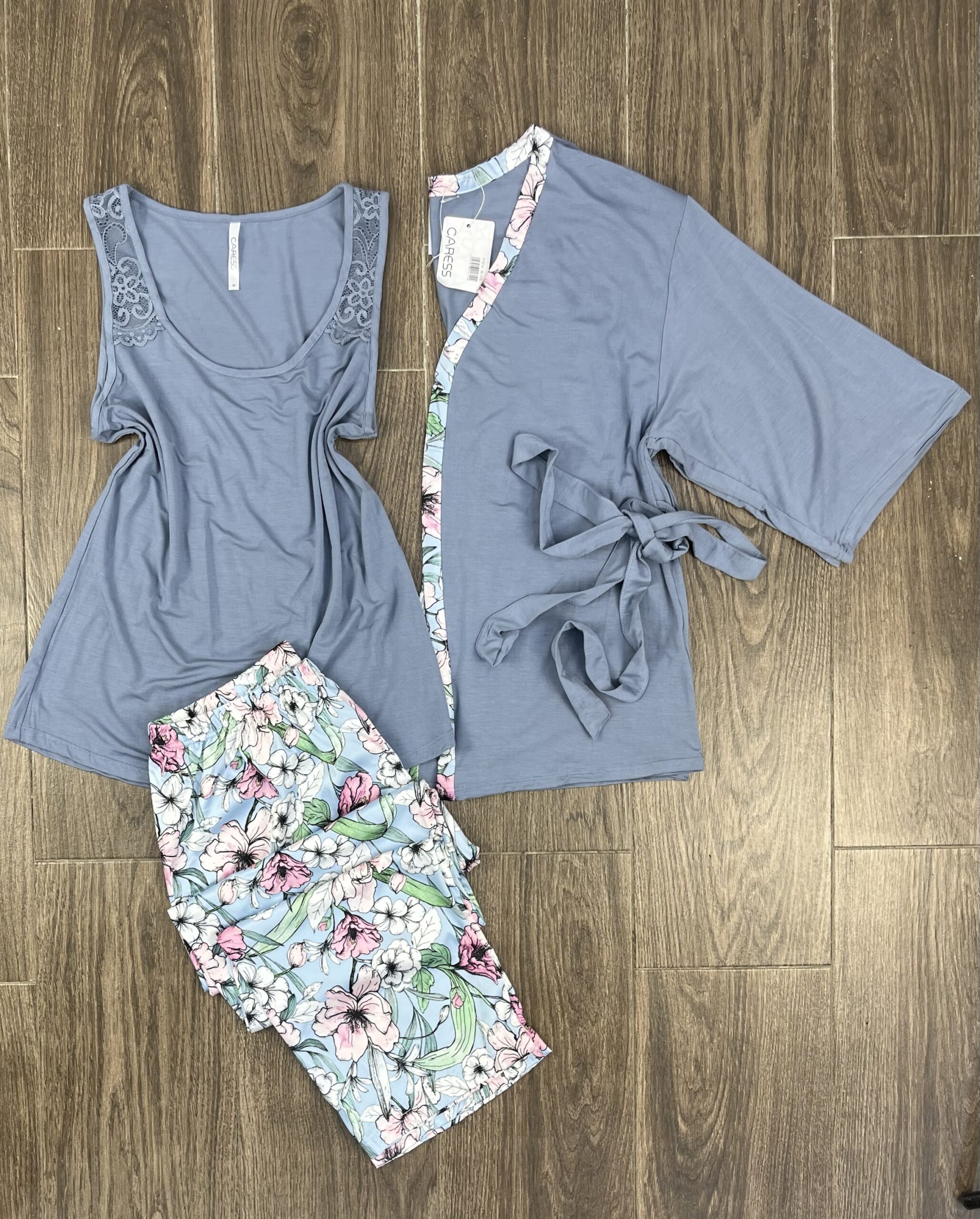 Pyjama 3 pièces " Gris " Bas En Satin