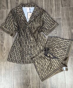 Pyjama Short boutonné ‘ Marron Fendi ‘En Satin