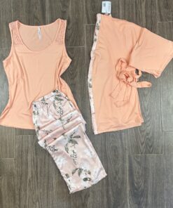 Pyjama 3 pièces " Saumon " Bas En Satin