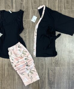 Pyjama 3 pièces " Noir " Bas En Satin