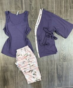 Pyjama 3 pièces " Violet " Bas En Satin