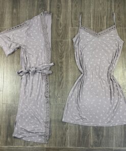 Ensemble Nuisette Peignoir Long " Boid de Rose Nœud  " en cotton
