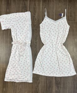 Ensemble Nuisette Peignoir Long " Blanc Nœud  " en cotton