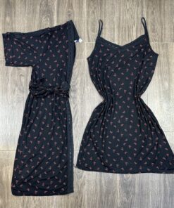 Ensemble Nuisette Peignoir Long " Noir Nœud  " en cotton