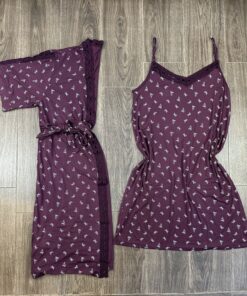 Ensemble Nuisette Peignoir Long " Bordeaux Nœud " en cotton