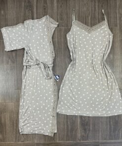 Ensemble Nuisette Peignoir Long " Beige motif " en cotton