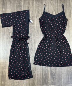 Ensemble Nuisette Peignoir Long " Noir motif " en cotton