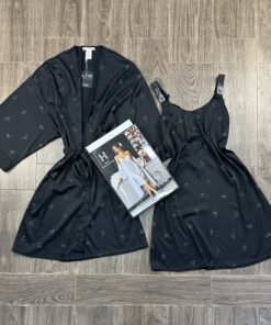 Ensemble Nuisette Peignoir " Noir  " en satin