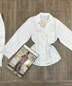 Pyjama Boutonnée " Blanc " En Satin manche longue
