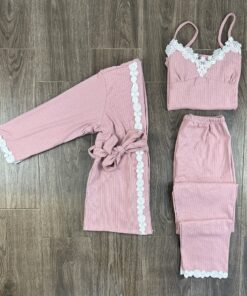 Pyjama 3 Piéces " Rose " En Velour