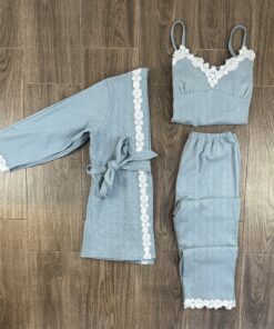 Pyjama 3 Piéces " Bleu Pastel " En Velour