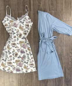 Ensemble Nuisette Peignoir " Bleu " En Cotton