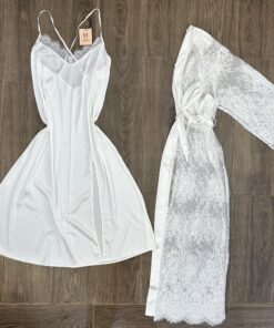 Ensemble nuisette En Satin & peignoir En Dentelle ‘ Blanc ‘ Long