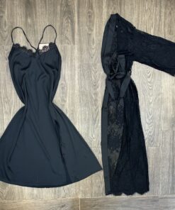 Ensemble nuisette En Satin & peignoir En Dentelle ‘ Noir ‘ Long