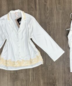 Pyjama En Satin Boutonnée ‘ Blanc ‘ manche longue