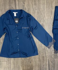 Pyjama En Satin Boutonnée ‘ Bleu-Vert ‘ manche longue