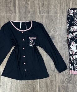 Pyjama Boutonnée ‘ Noir ‘ Bas à fleurs manche longue