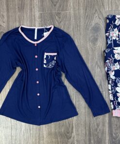 Pyjama Boutonnée ‘ Bleu ‘ Bas à fleurs manche longue