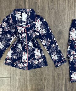 Pyjama Boutonnée ‘ Bleu à fleurs  ‘ manche longue